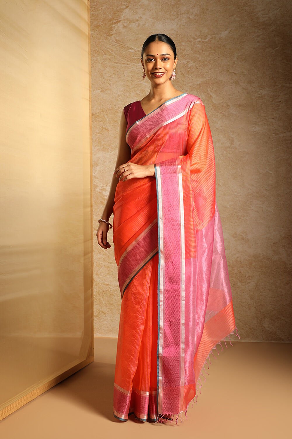 Orange Pure Silk Organza Woven Maheshwari Saree image number null