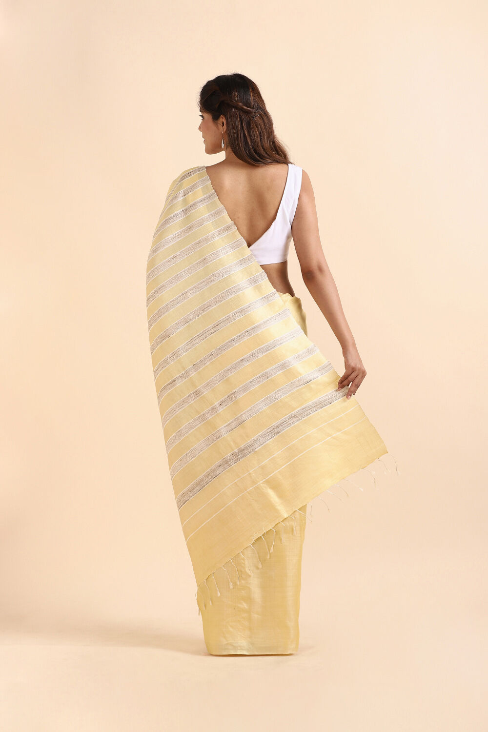 Light Pure Yellow Tussar Woven Saree image number null