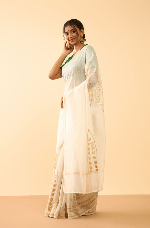 Off White Pure Silk Cotton Block Printed Embroidered Saree