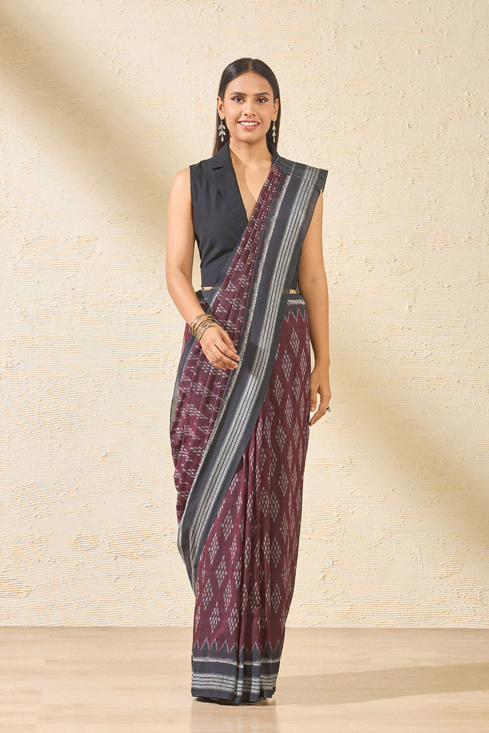 Dark Red Odisha Pure Cotton Ikat Saree image number null