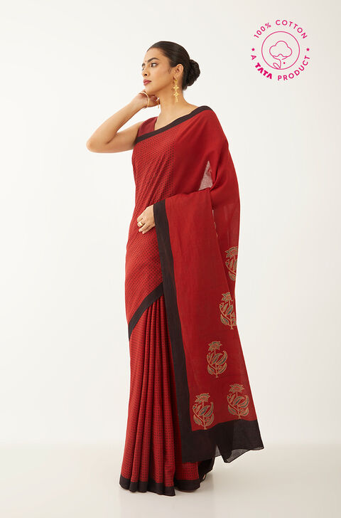 Red Pure Cotton Ajrakh Block Print Saree