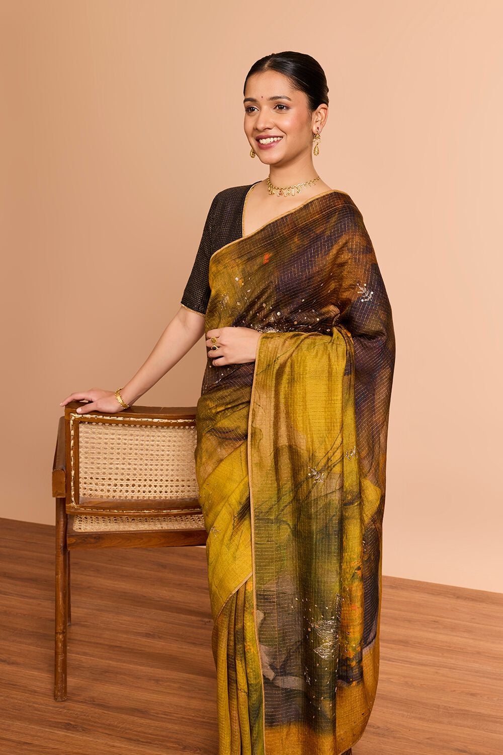 Yellow Pure Silk Printed Embroidered Saree image number null