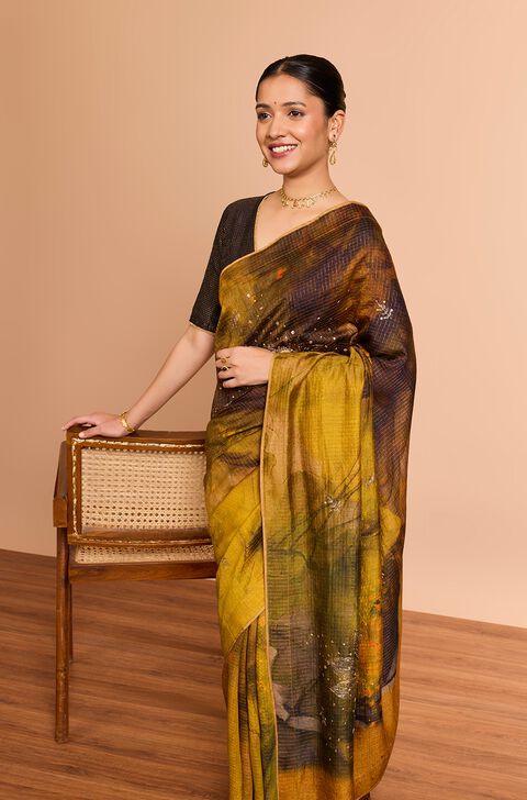 Yellow Pure Silk Printed Embroidered Saree