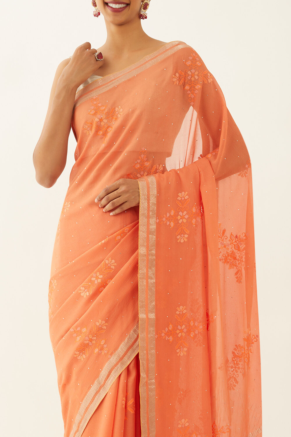 Light Orange Pure Chiffon Embroidered Saree image number null