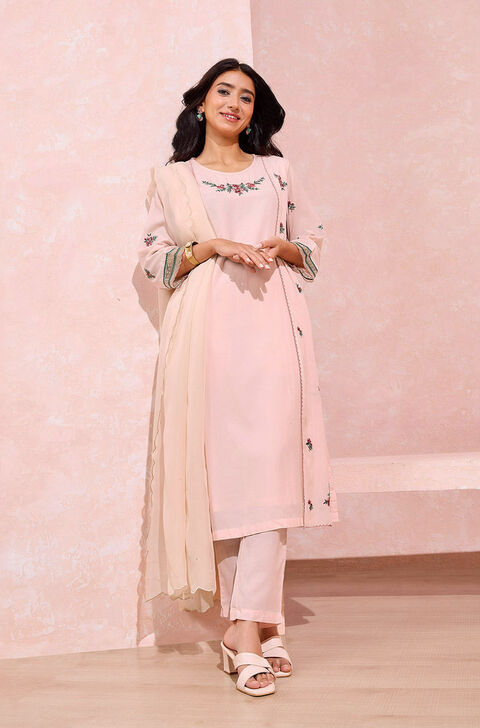 Light Pink Viscose Embroidered Kurta Set