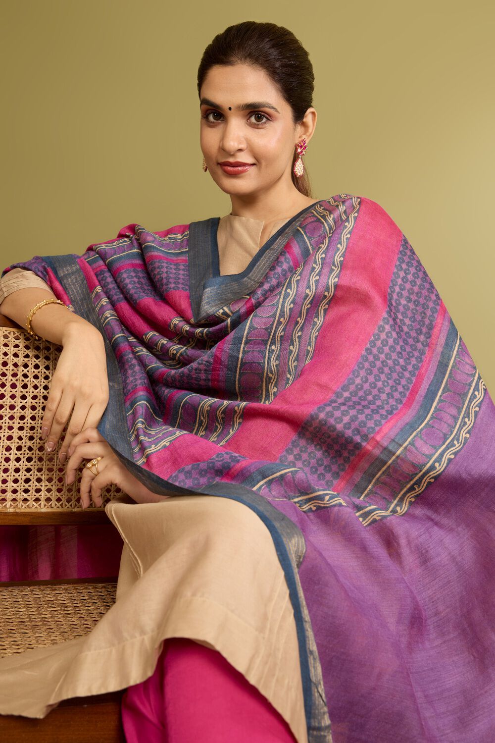 Purple Block Printed Silk Muga Dupatta image number null