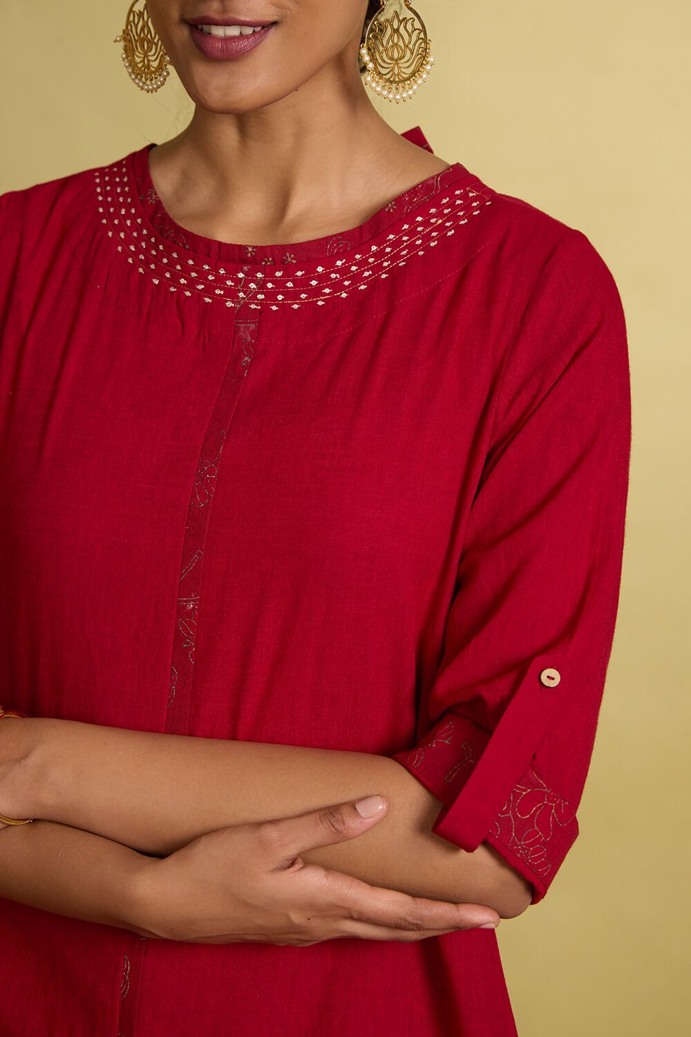 Dark Red Woven Pure Cotton Short Top image number null