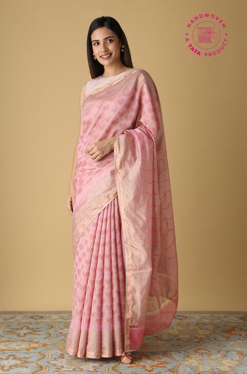 Pink Pure Silk Cotton Hand Printed Saree