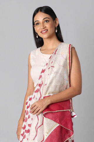 Off White and Red Pure Silk Cotton Hand Printed Saree thumbnail image number null