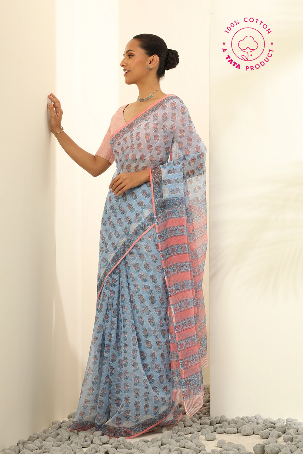 Light Blue Pure Cotton Kota Bagru Block Printed Saree image number null