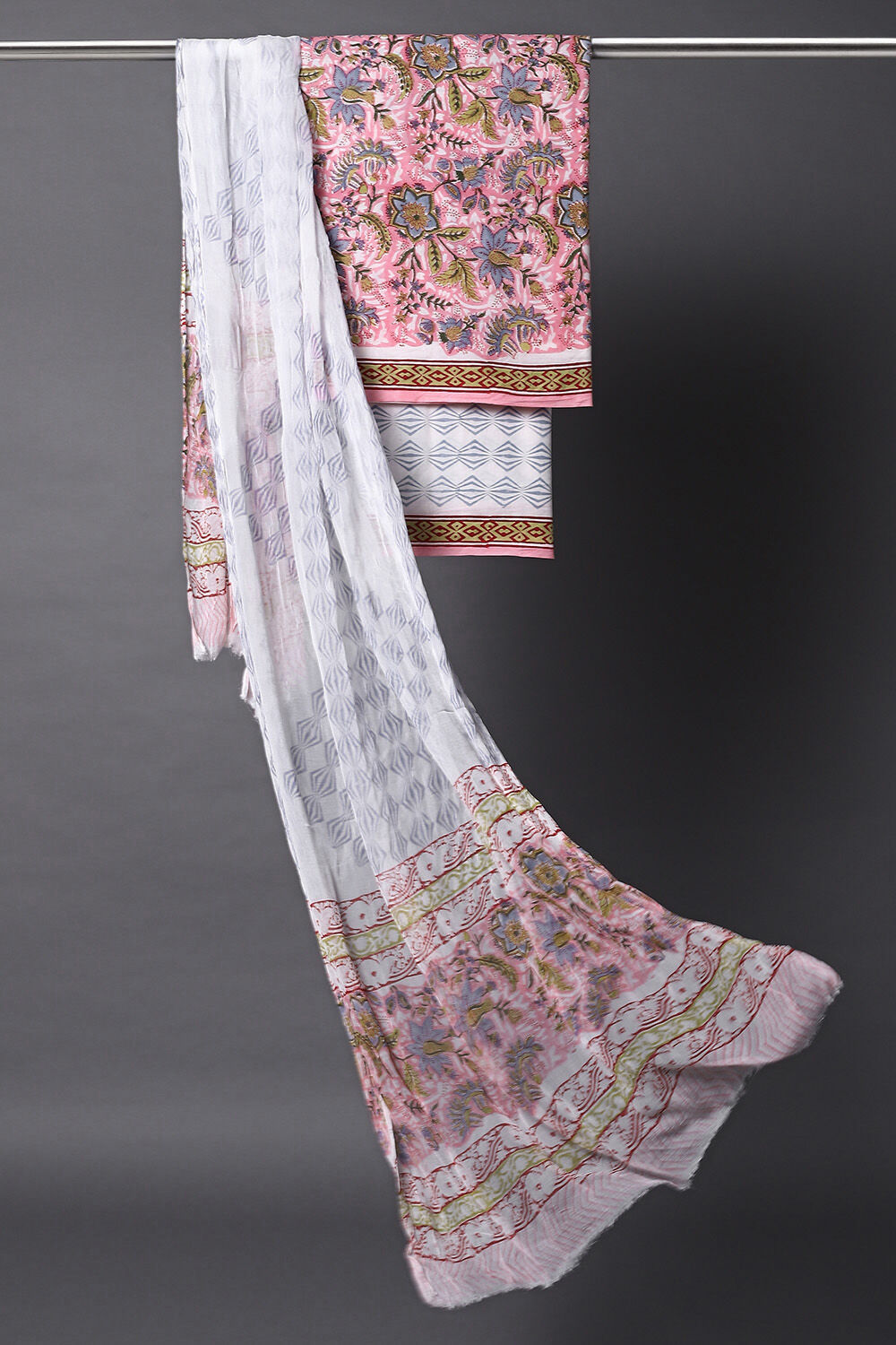 Light Pink Cotton Block Printed Unstitched Suit Set image number null