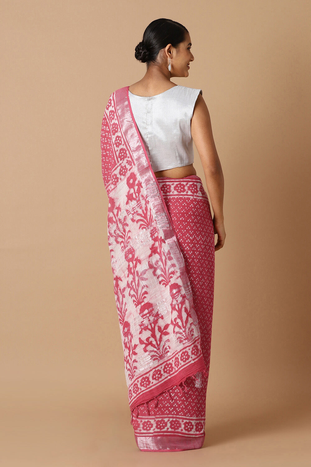 Pink Pure Cotton Linen Bagru Printed Saree image number null