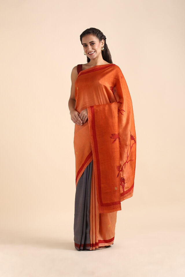 Light Orange Pure Silk Kantha Saree