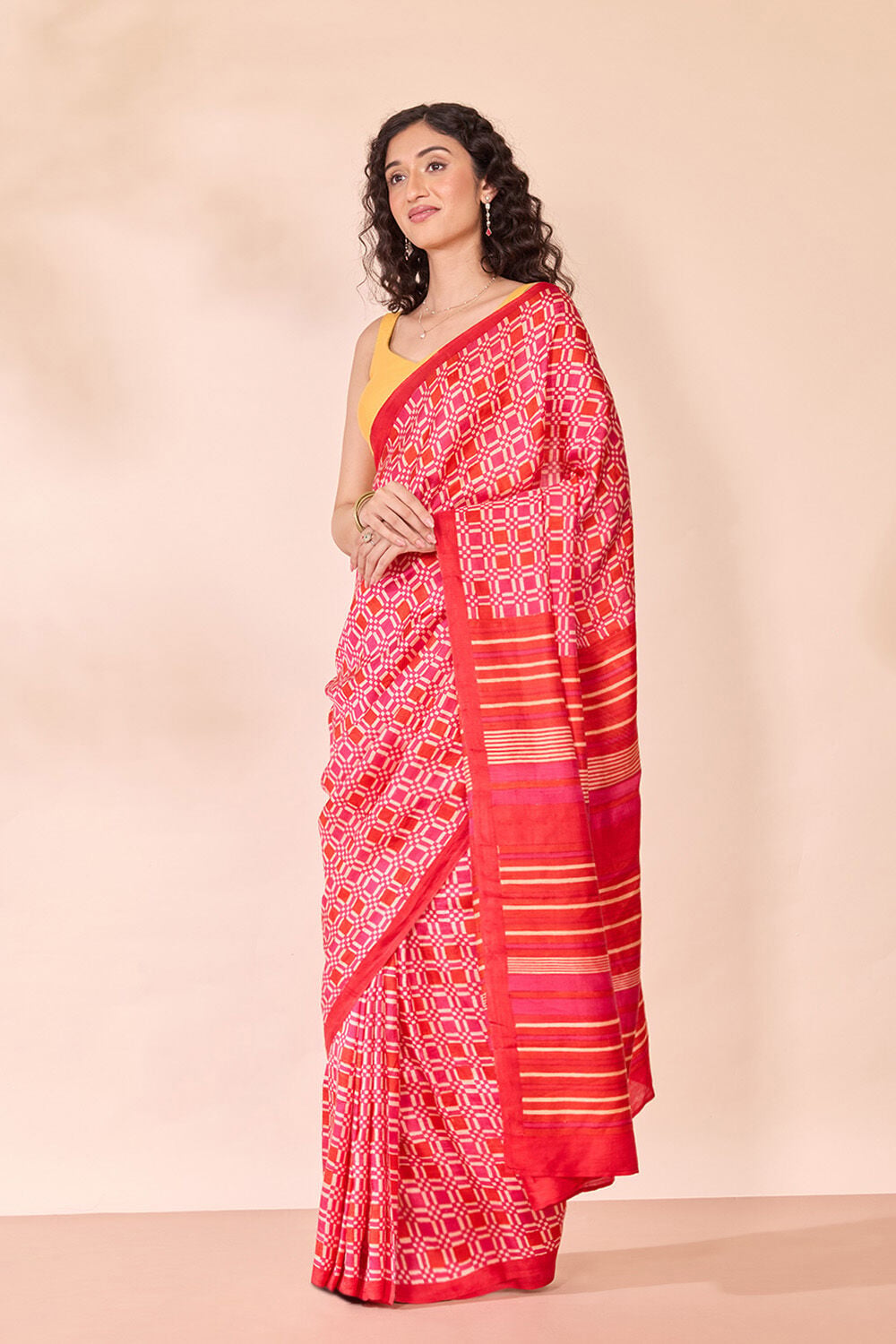 Pink Pure Silk Block Printed Bengal Saree image number null
