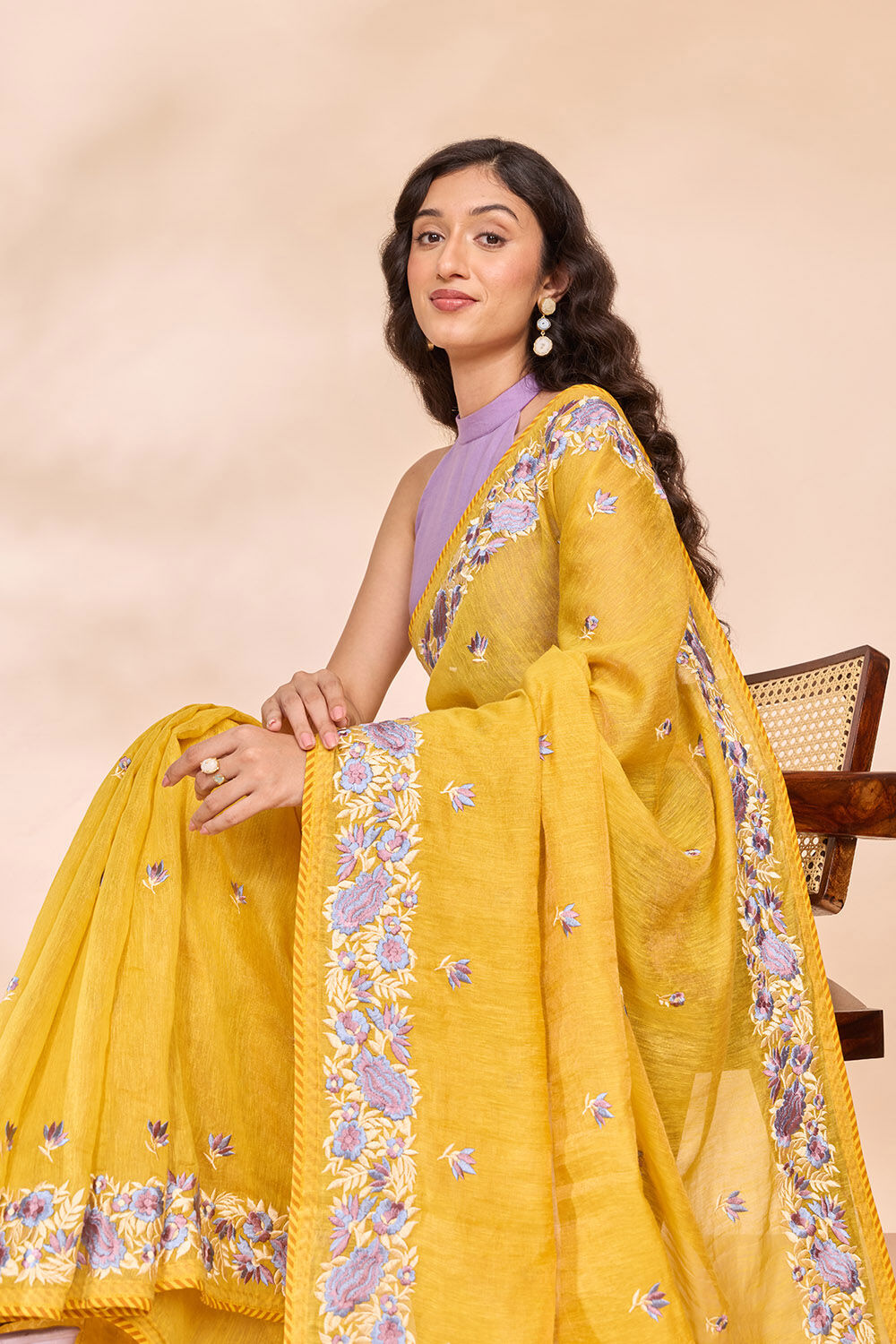 Yellow Tissue Lyocell Linen Embroidered Saree image number null