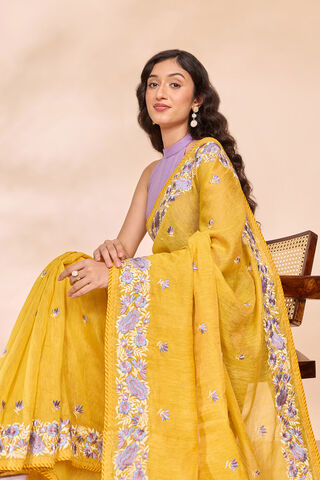 Yellow Tissue Lyocell Linen Embroidered Saree image number