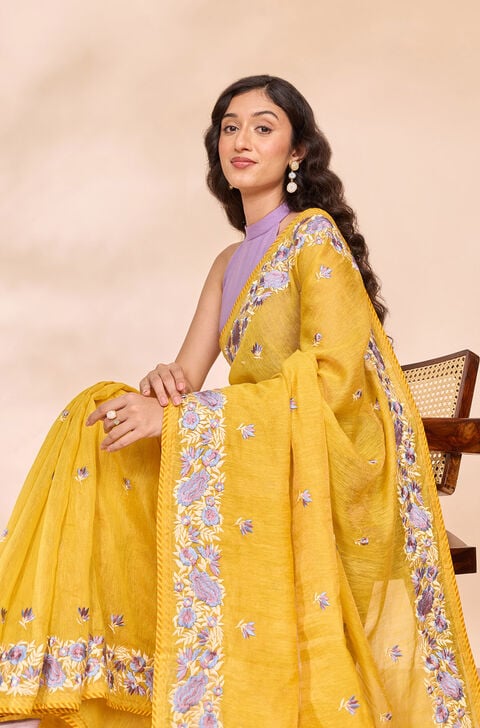 Yellow Tissue Lyocell Linen Embroidered Saree