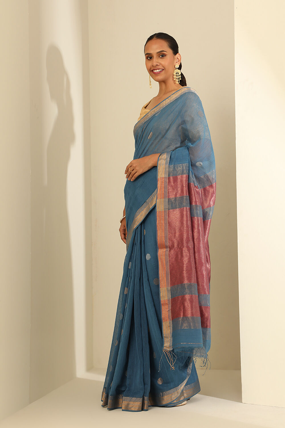 Light Blue Pure Silk Cotton Woven Bengali Saree image number null