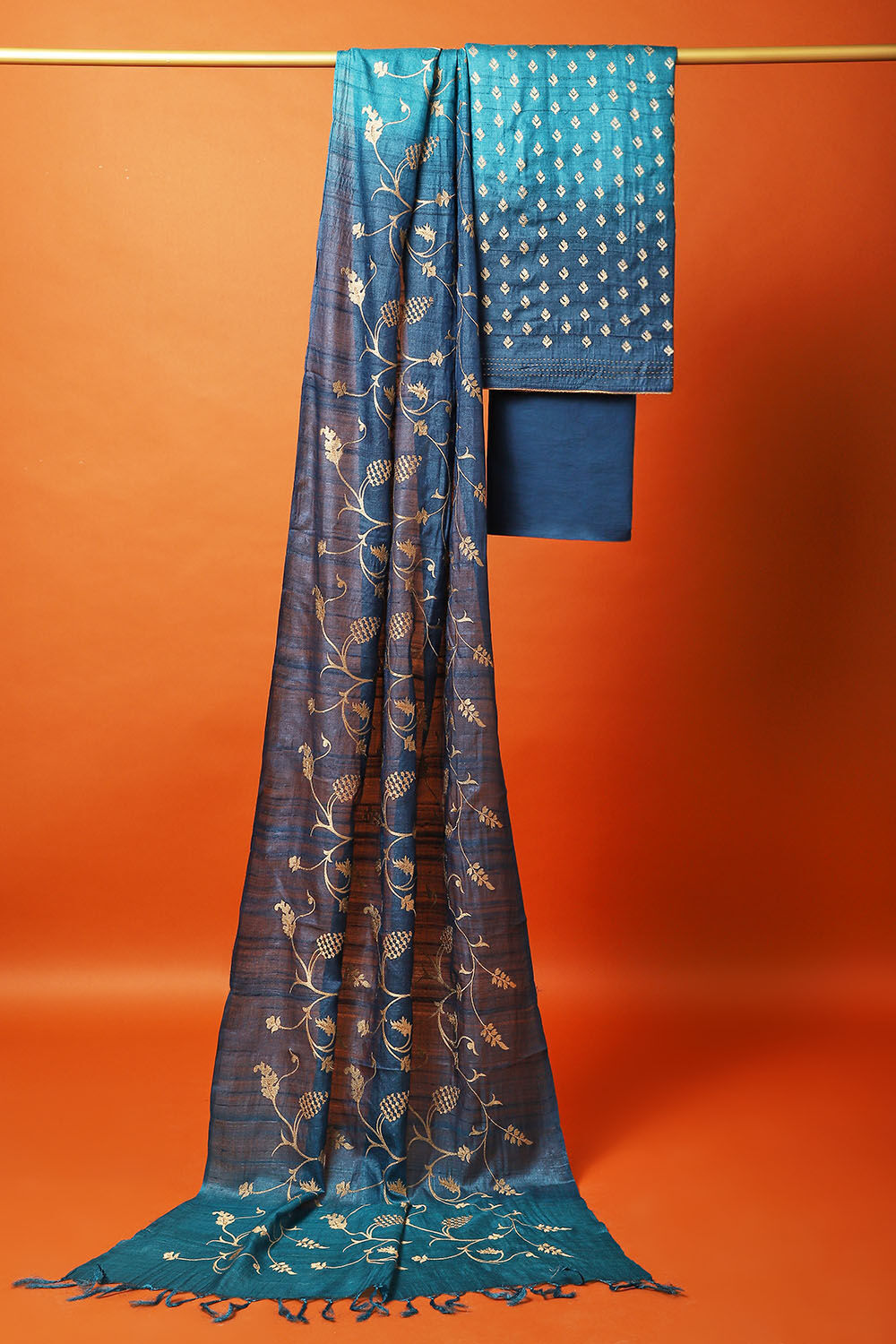 Blue Tussar Embroidered Unstitched Suit Set image number null