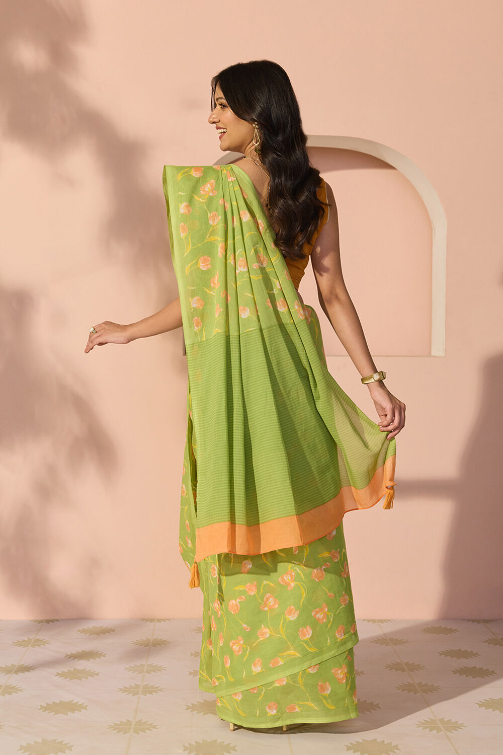 Light Green Bengal Screen Printed Pure Cotton Mulmul Saree image number null