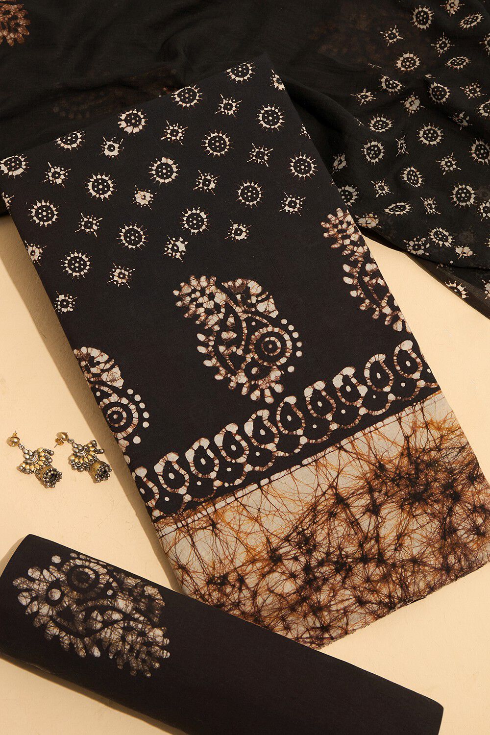 Black Pure Cotton Batik Unstitched Suit Set image number null