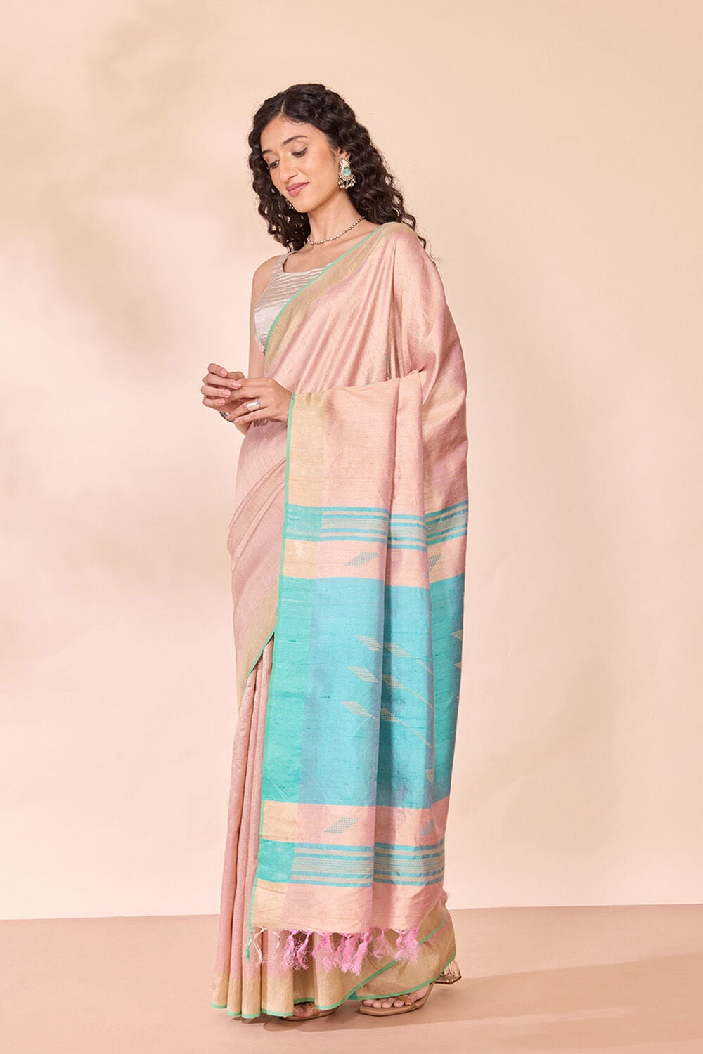 Light Pink Bhagalpur Woven Pure Tussar Silk Saree image number null