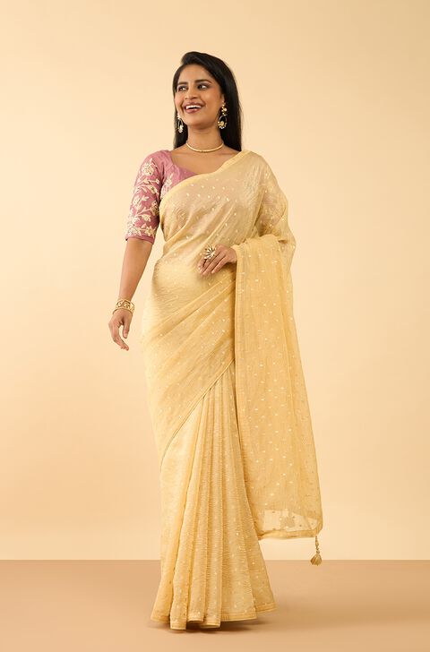 Beige Woven Viscose Tissue Saree