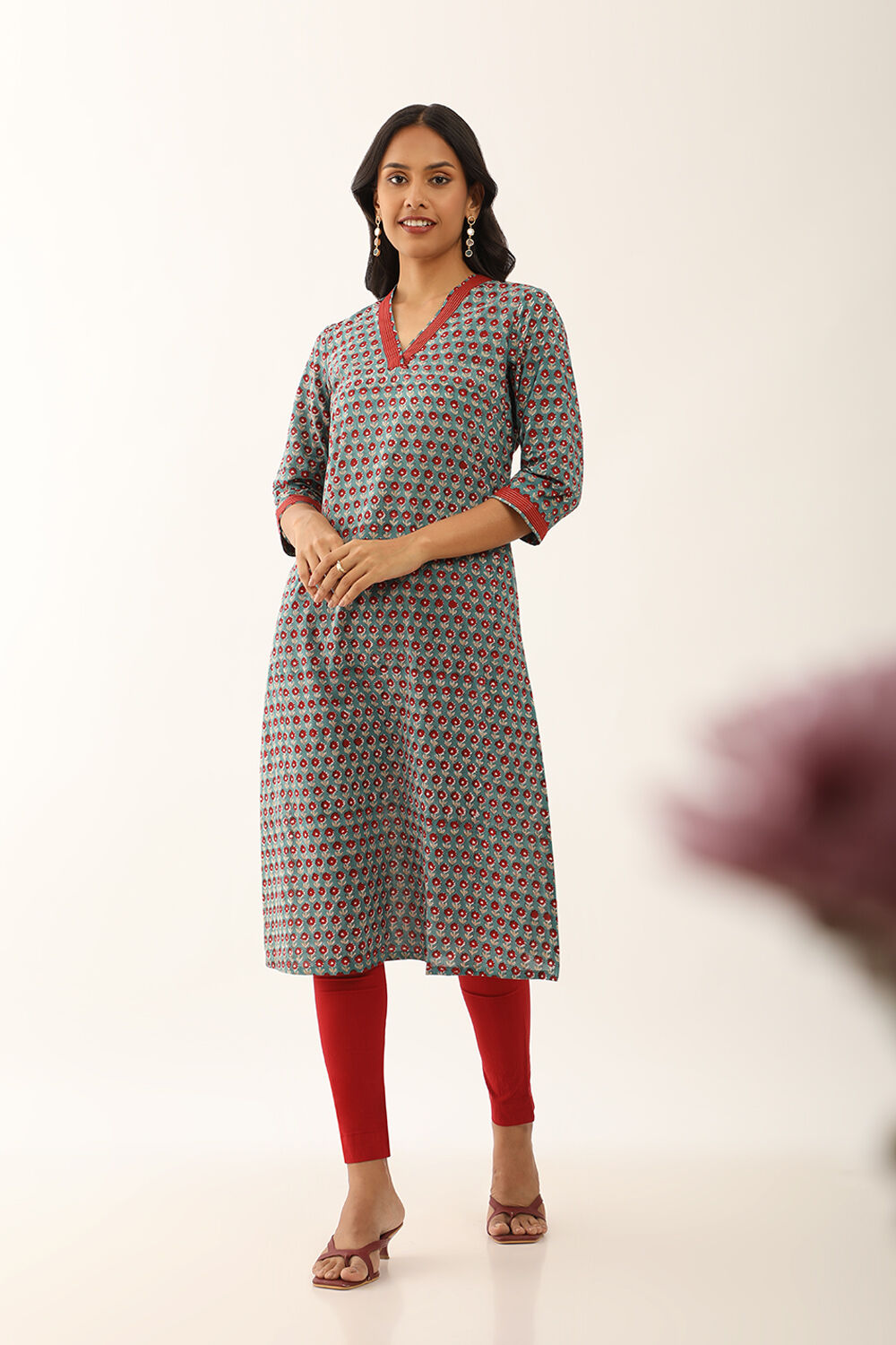 Green Pure Cotton Block Printed Kurta with Embroidery image number null