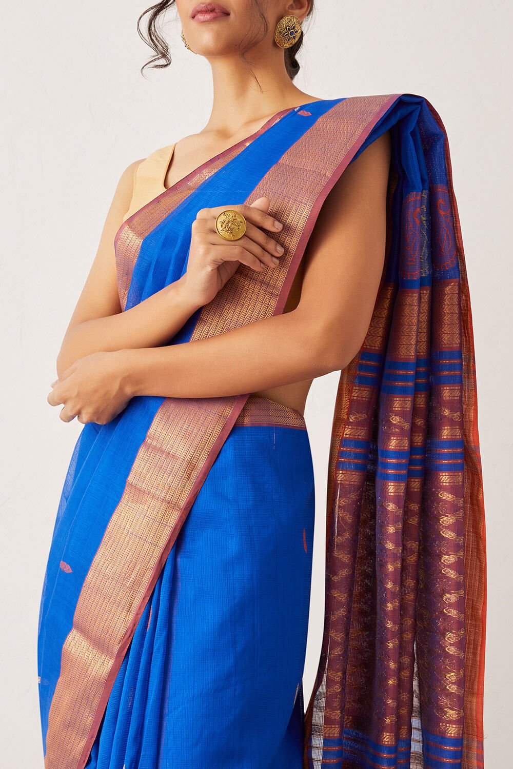 Dark Blue Pure Silk Cotton Maheswari Saree image number null