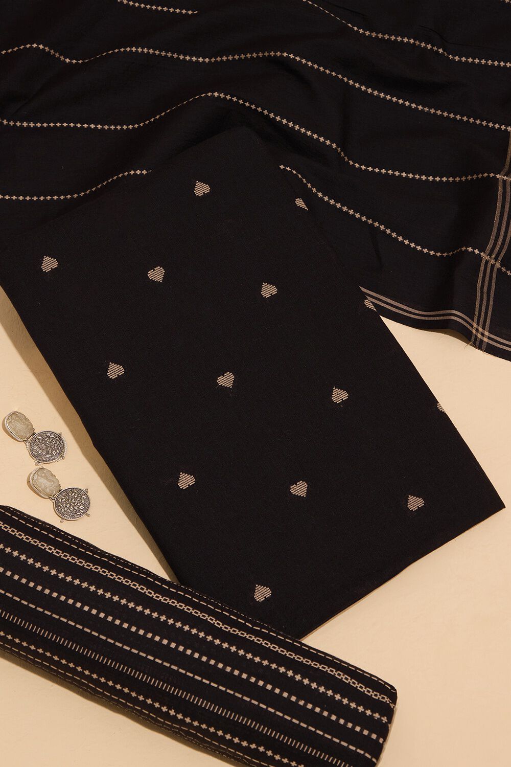 Black Pure Cotton Woven Unstitched Suit Set image number null
