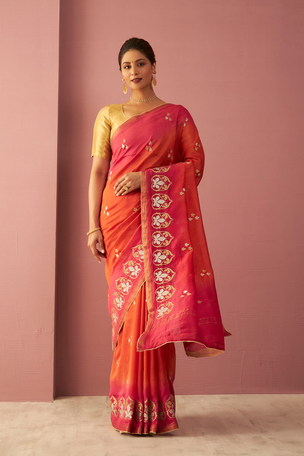 Orange Pure Silk Cotton Embroidered Saree image number null