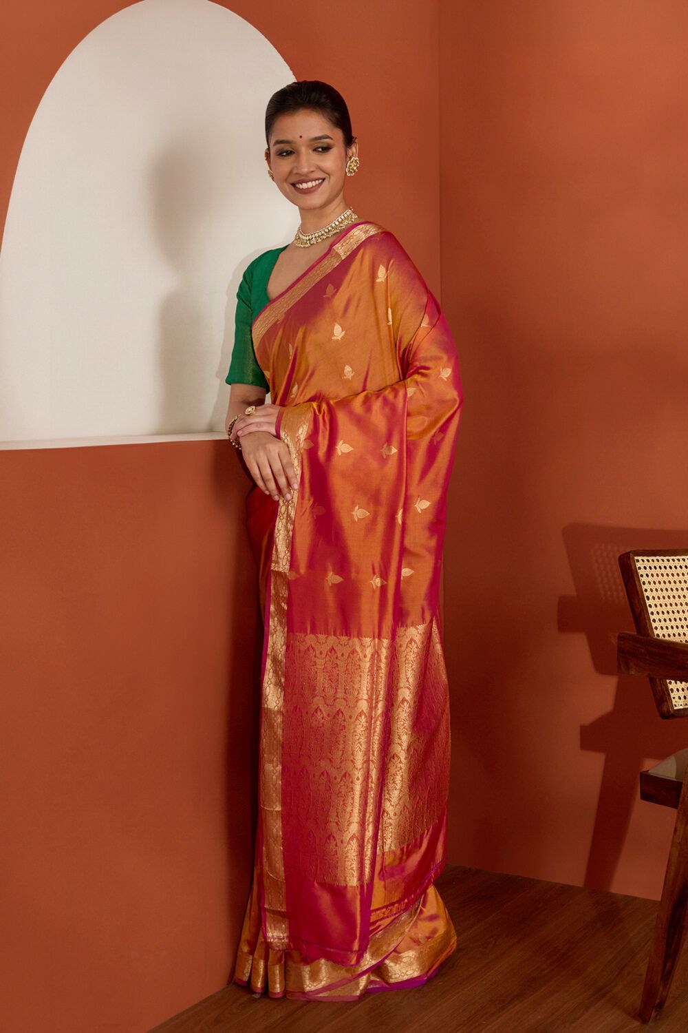 Orange Silk Viscose Cutwork Banaras Inspired Design Saree image number null