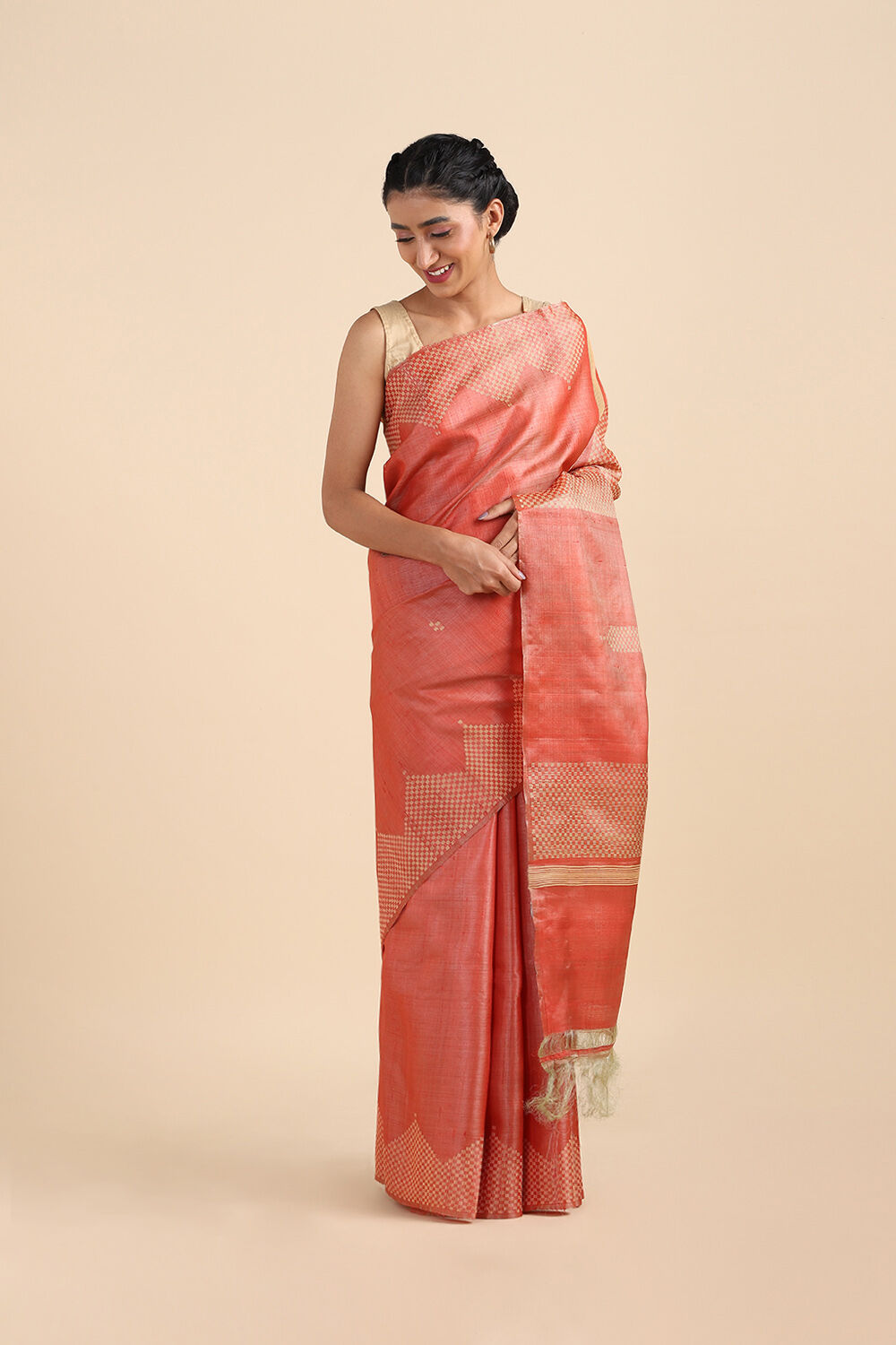 Orange Pure Tussar Woven Saree image number null