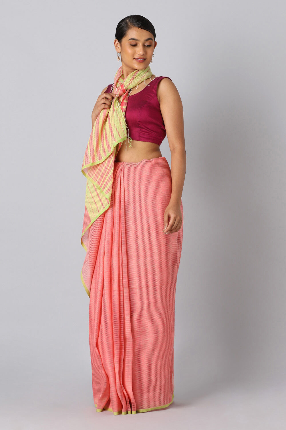 Pink Pure Cotton Linen Bengal Saree image number null