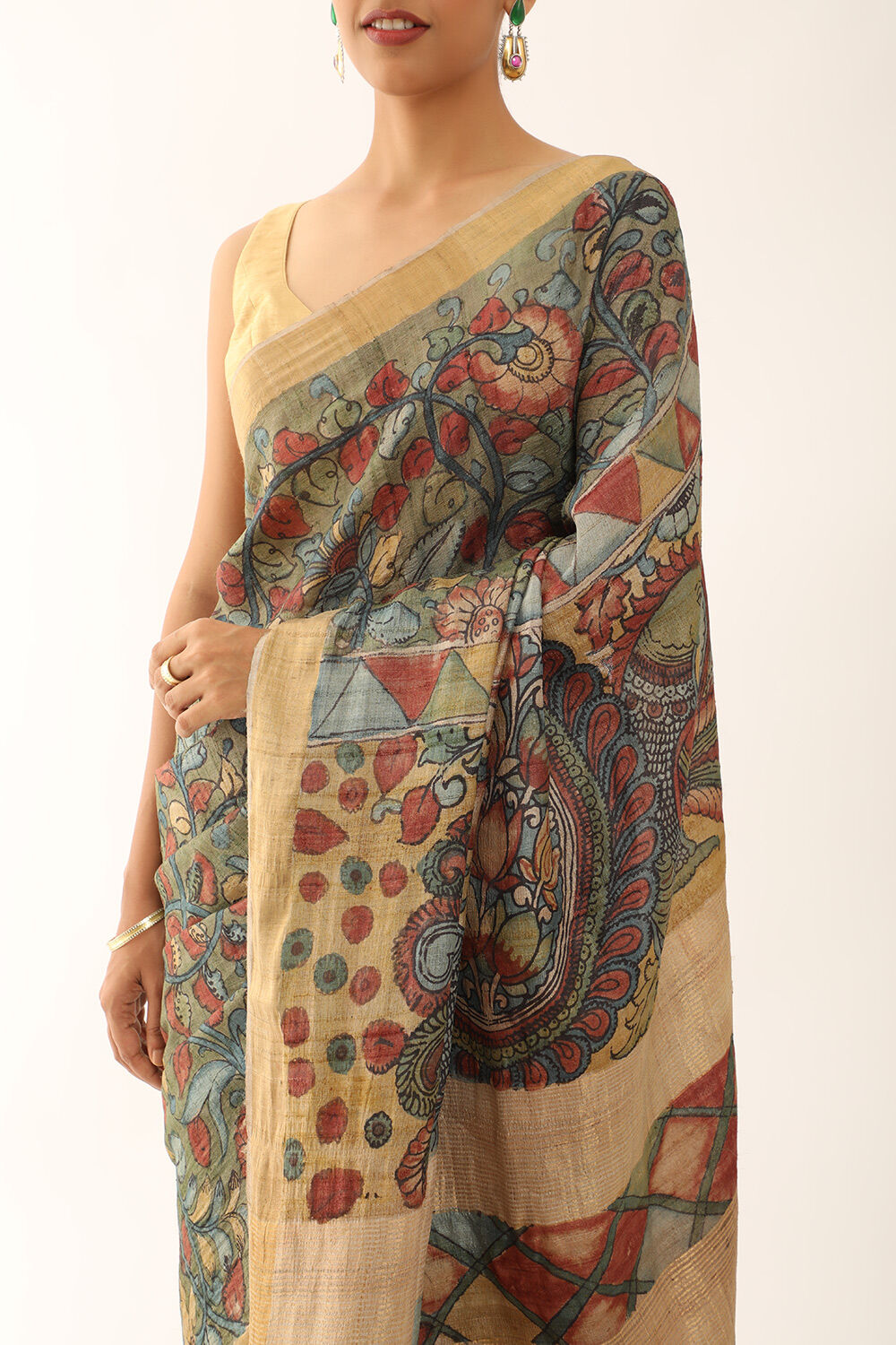 Green Srikalahasti Pure Tussar Silk Kalamkari Saree image number null