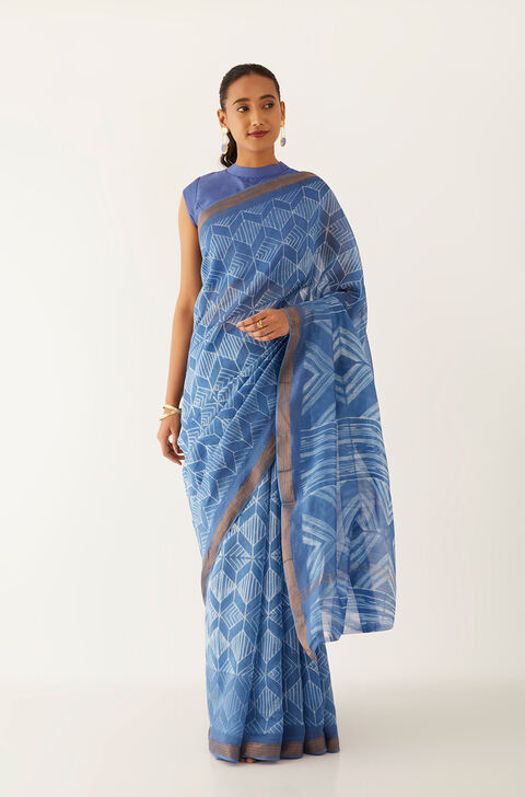 Blue Pure Silk Cotton Shibori Saree