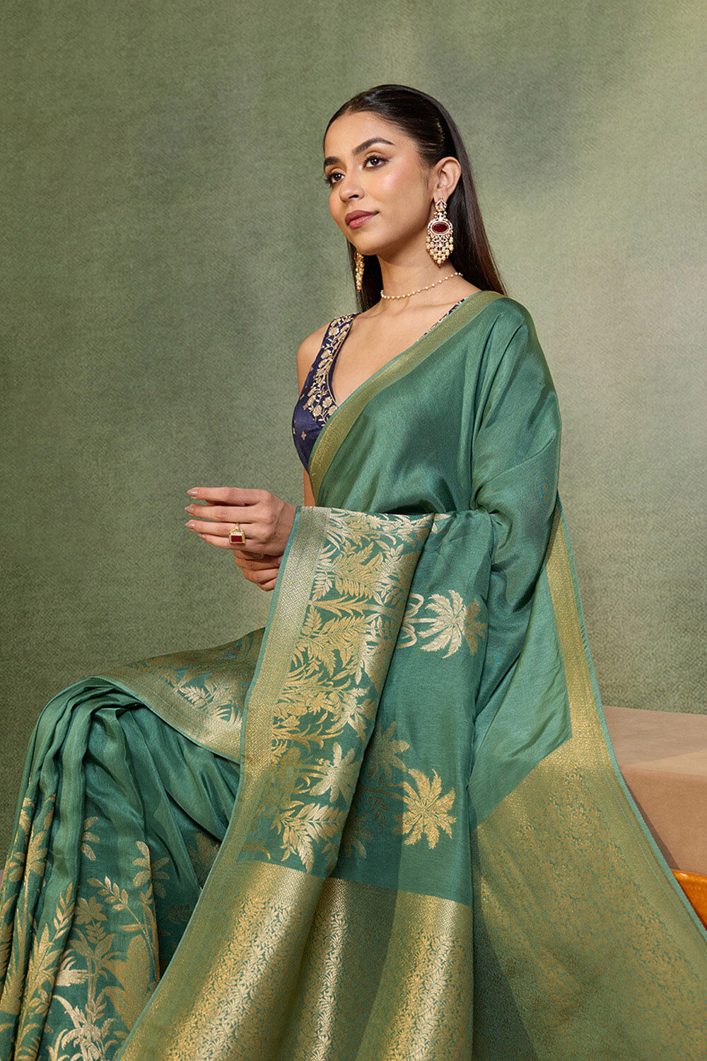 Dark Green Woven Pure Viscose Saree image number null