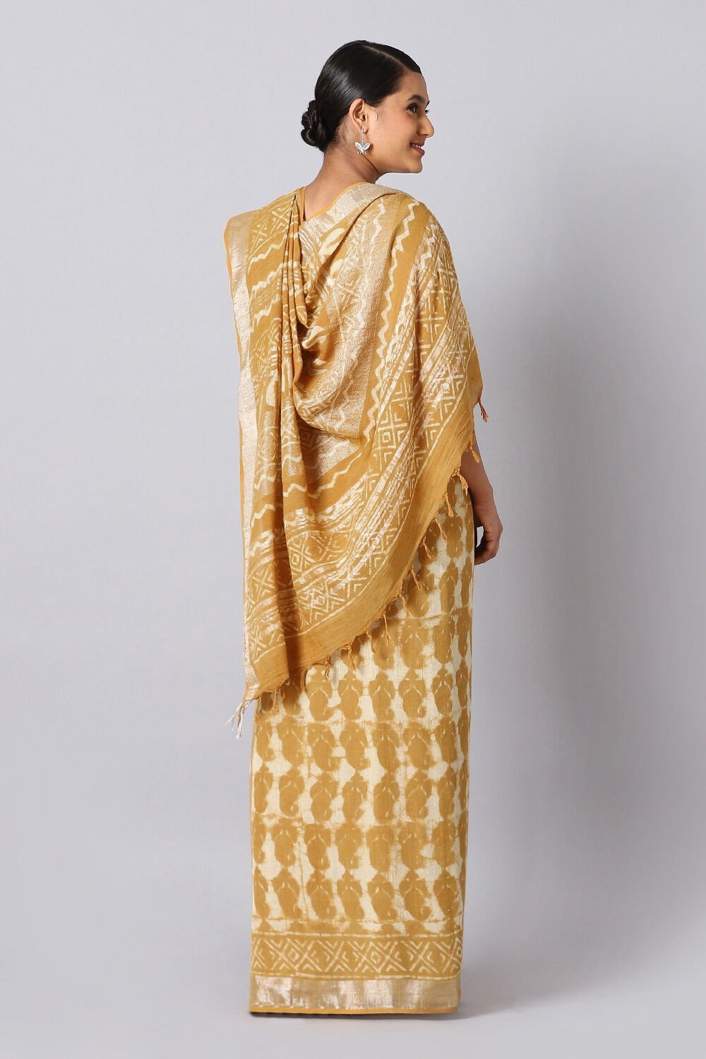 Yellow Pure Cotton Linen Bagru Printed Saree image number null