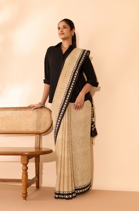 Beige Bagru Viscose Bagru Block Printed Saree
