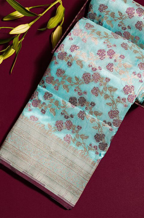 Light Blue Pure Silk Cutwork Banarasi Saree