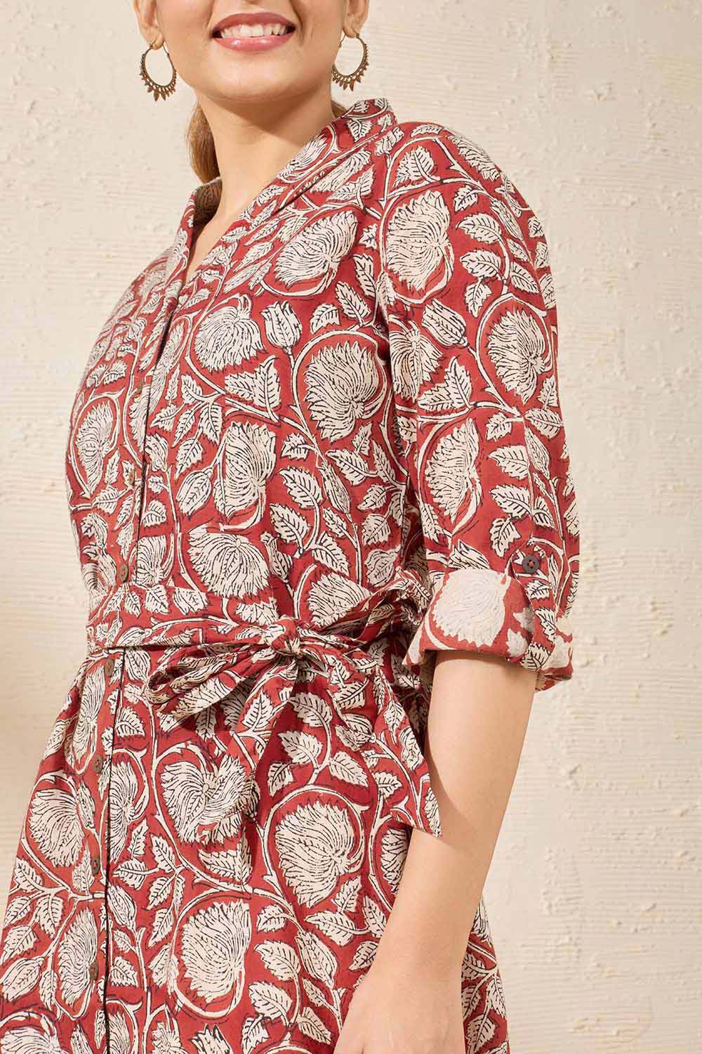 Red Pure Cotton Printed Sanganeri Kurta image number null