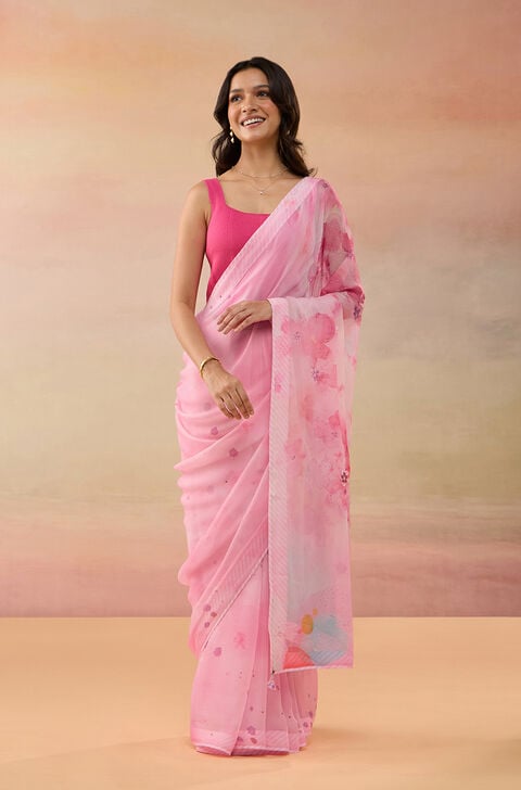 Pink Viscose Chiffon Printed Saree