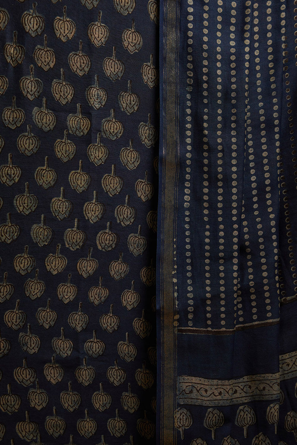 Dark Blue Block Printed Pure Silk Cotton Unstitched Suit Set image number null