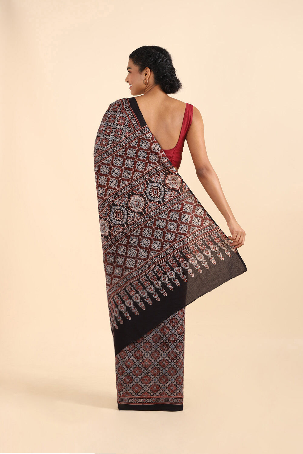 Black Pure Cotton Ajrakh Printed Saree image number null