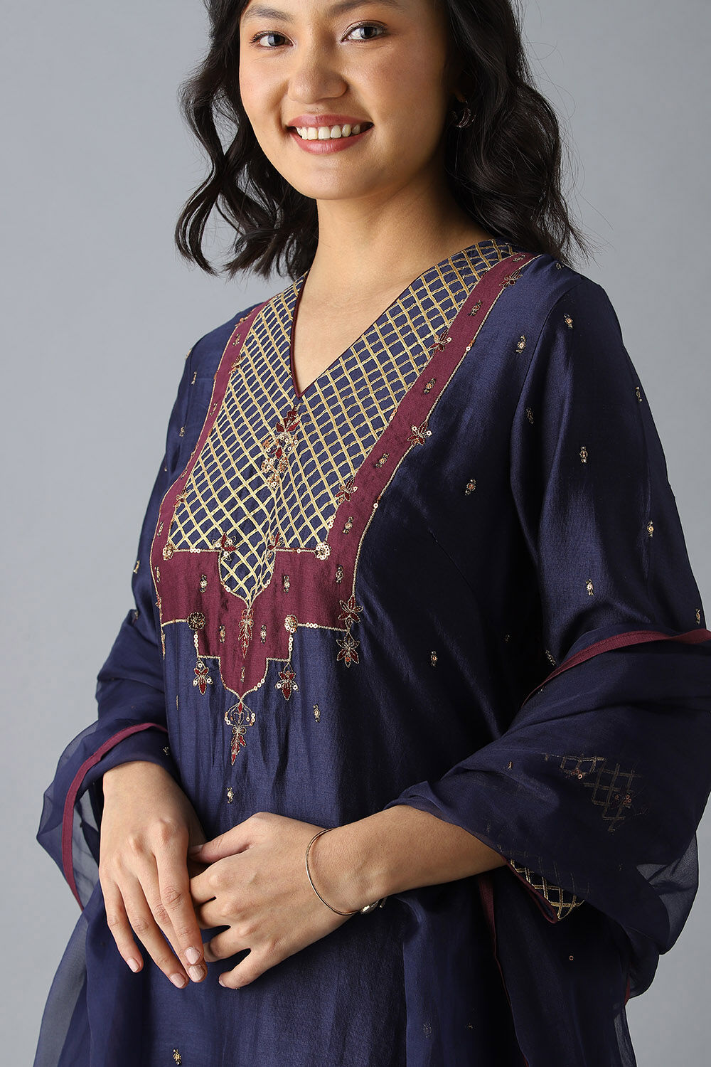 Dark Blue Embroidered Silk Cotton Kurta Set image number null