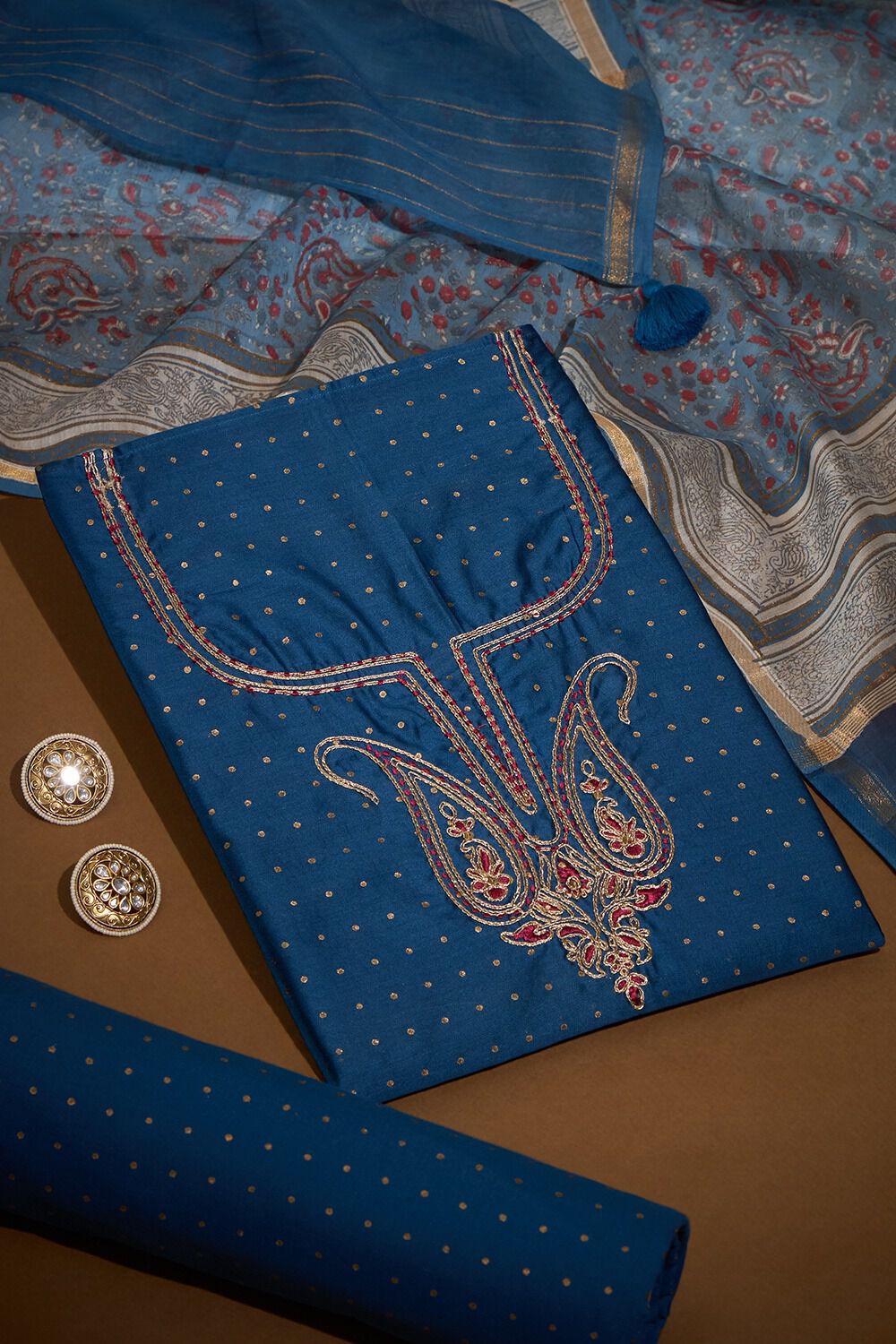 Dark Blue Embroidered Pure Silk Cotton Unstitched Suit Set image number null