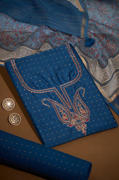 Dark Blue Embroidered Pure Silk Cotton Unstitched Suit Set