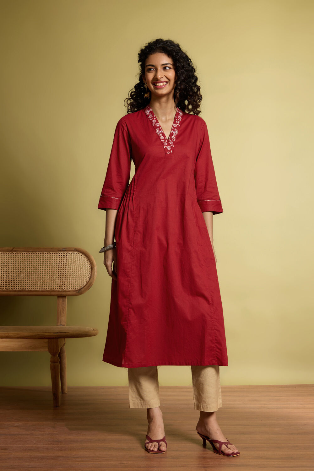 Red Embroidered Pure Cotton Kurta image number null