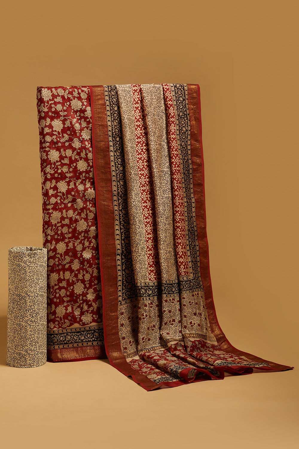 Red Bagru Block Printed Pure Silk Cotton Unstitched Suit Set image number null