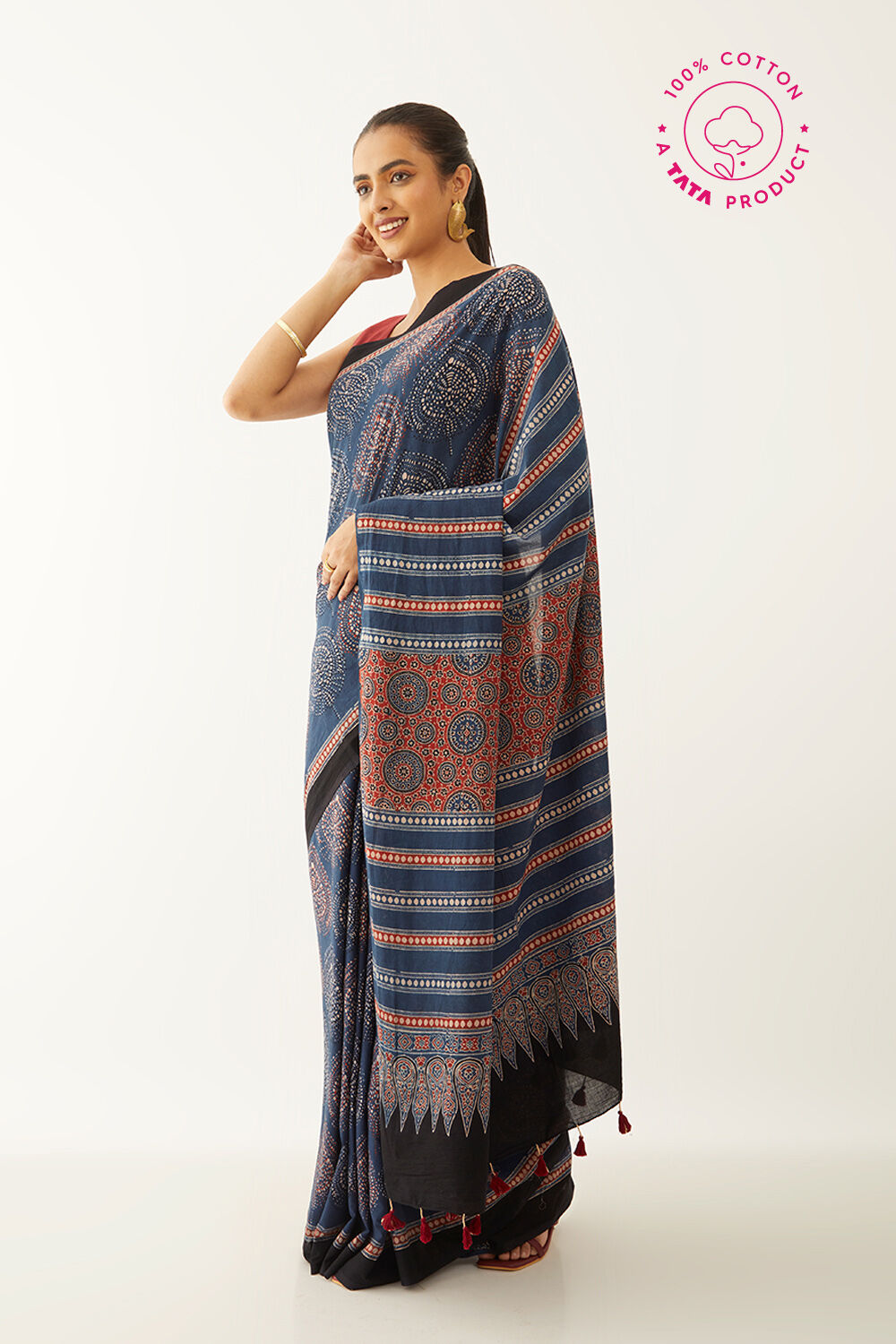 Blue Pure Cotton Ajrakh Block Print Saree image number null